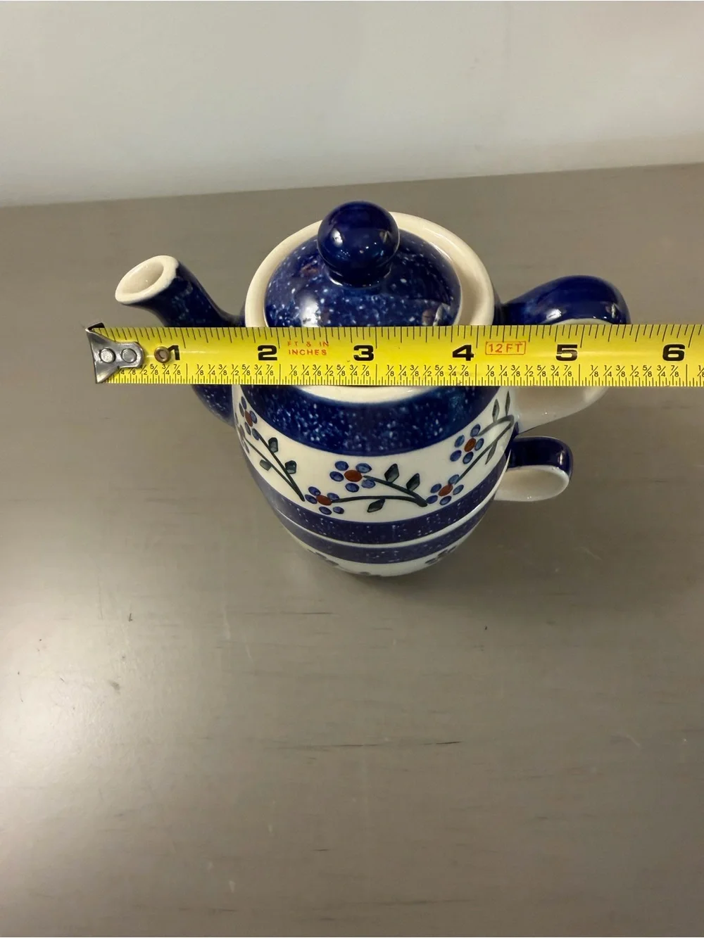 Wiza Polish Pottery Hand Made Tea For One Set Pot + Cup Stacking Blue Floral
